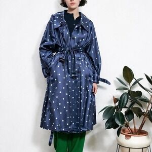 Creatures of Comfort 100% Silk Blue Polka Dot Trench Coat, Statement Jacket